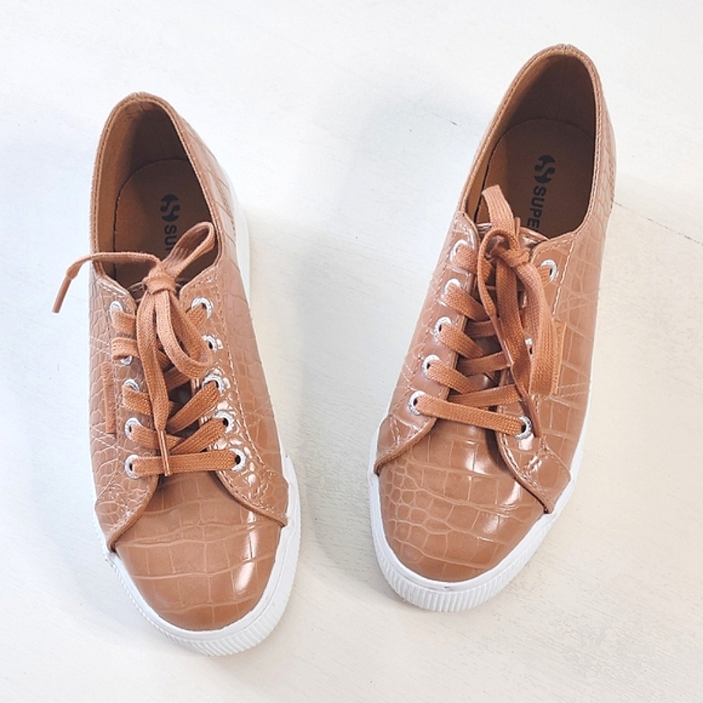 Superga Tan Croc-Embossed Platform Sneakers Size 6